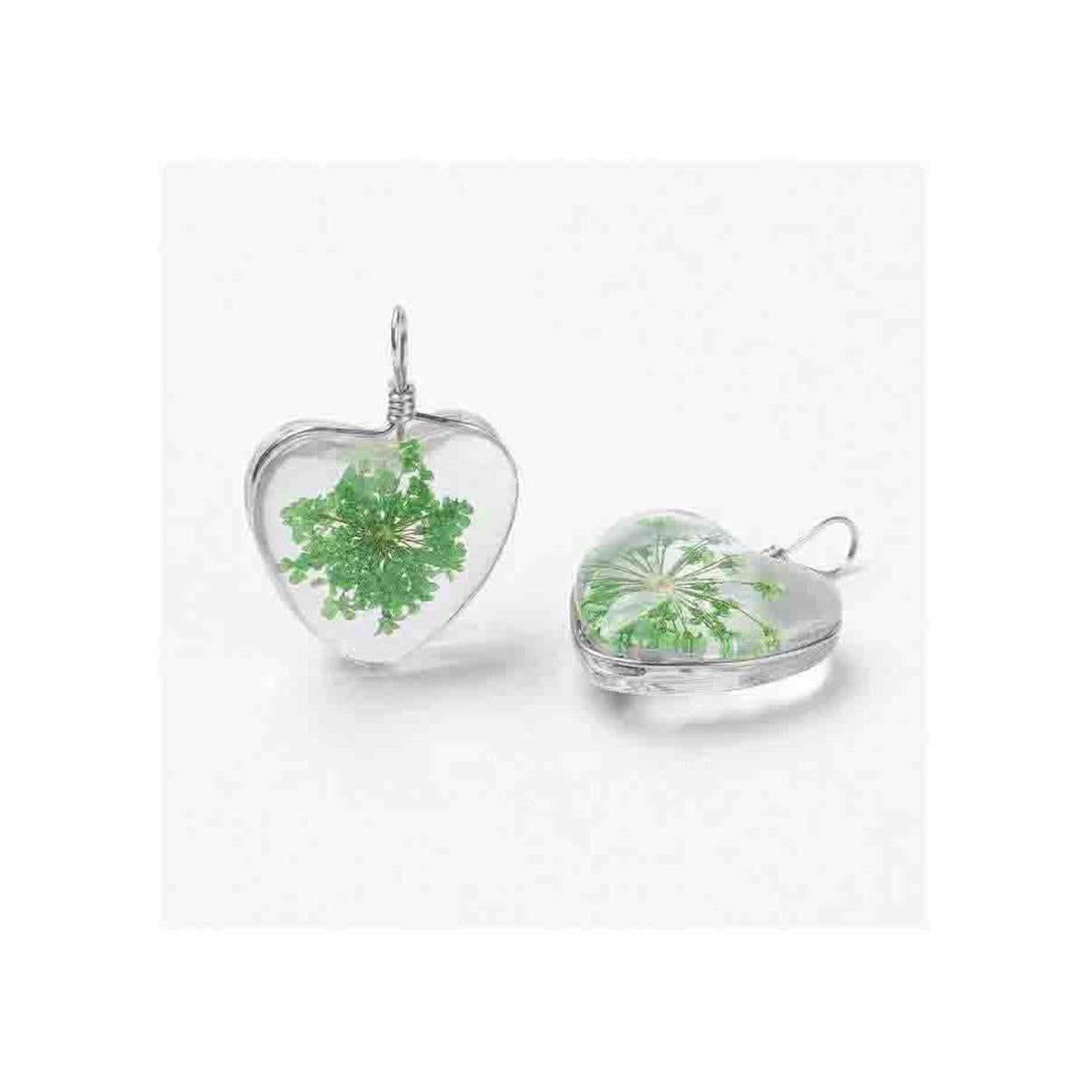 Charles William Love Heart REAL Flower Green Pendant on Silver Necklace
