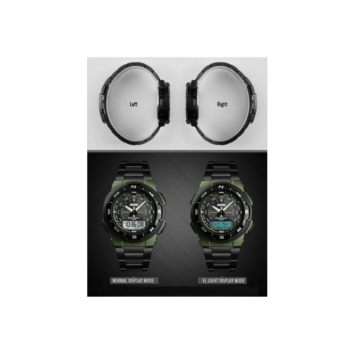 Large Display Dual Time Digital Analogue Army Green Watch