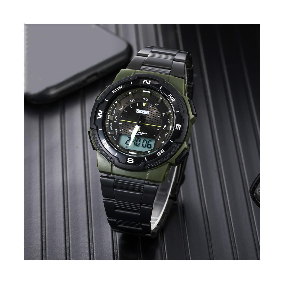 Large Display Dual Time Digital Analogue Army Green Watch