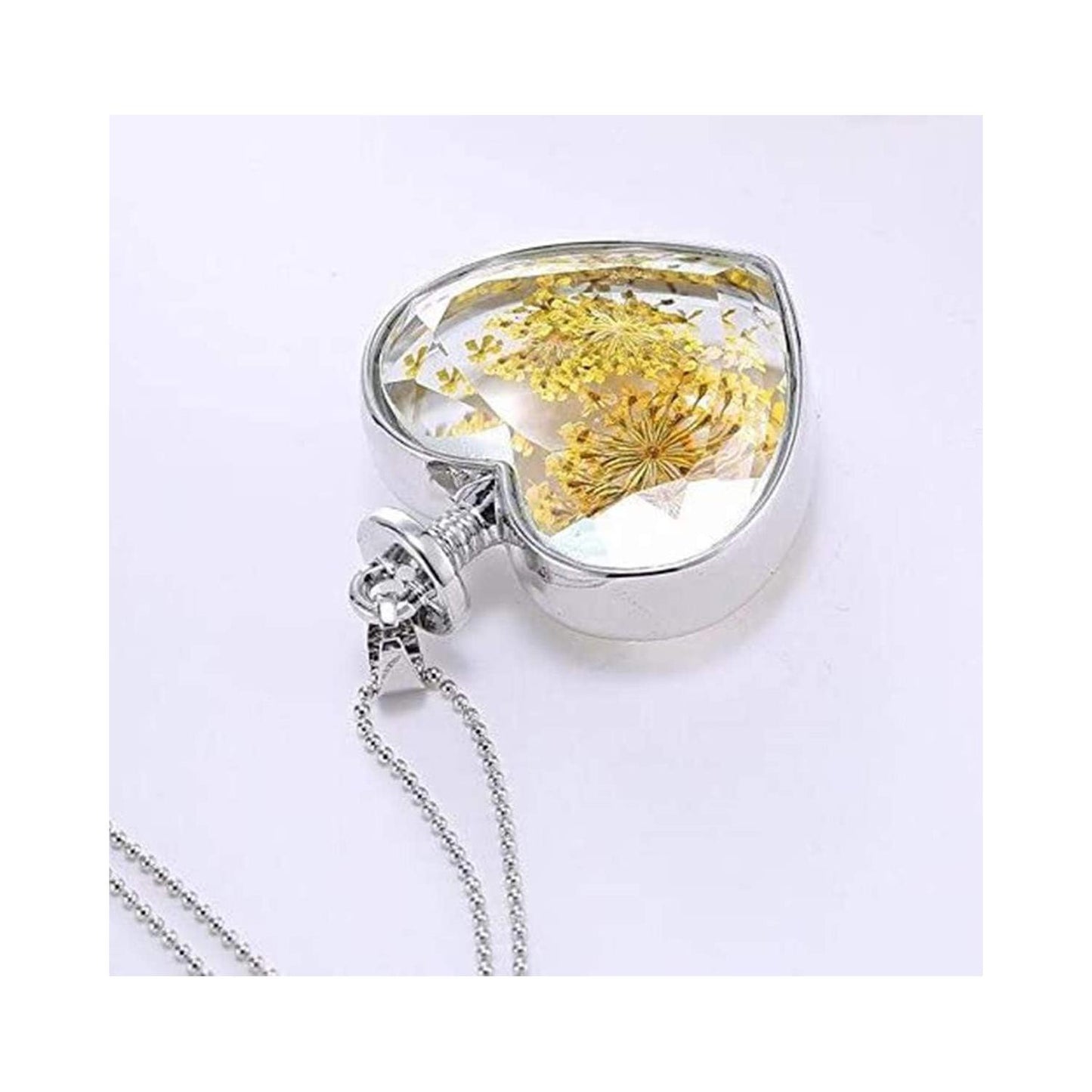 Charles William Love Heart REAL Flower Yellow Pendant on Silver Necklace