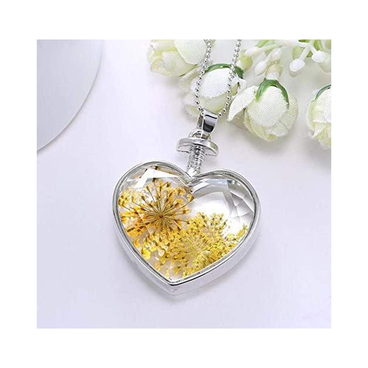 Charles William Love Heart REAL Flower Yellow Pendant on Silver Necklace