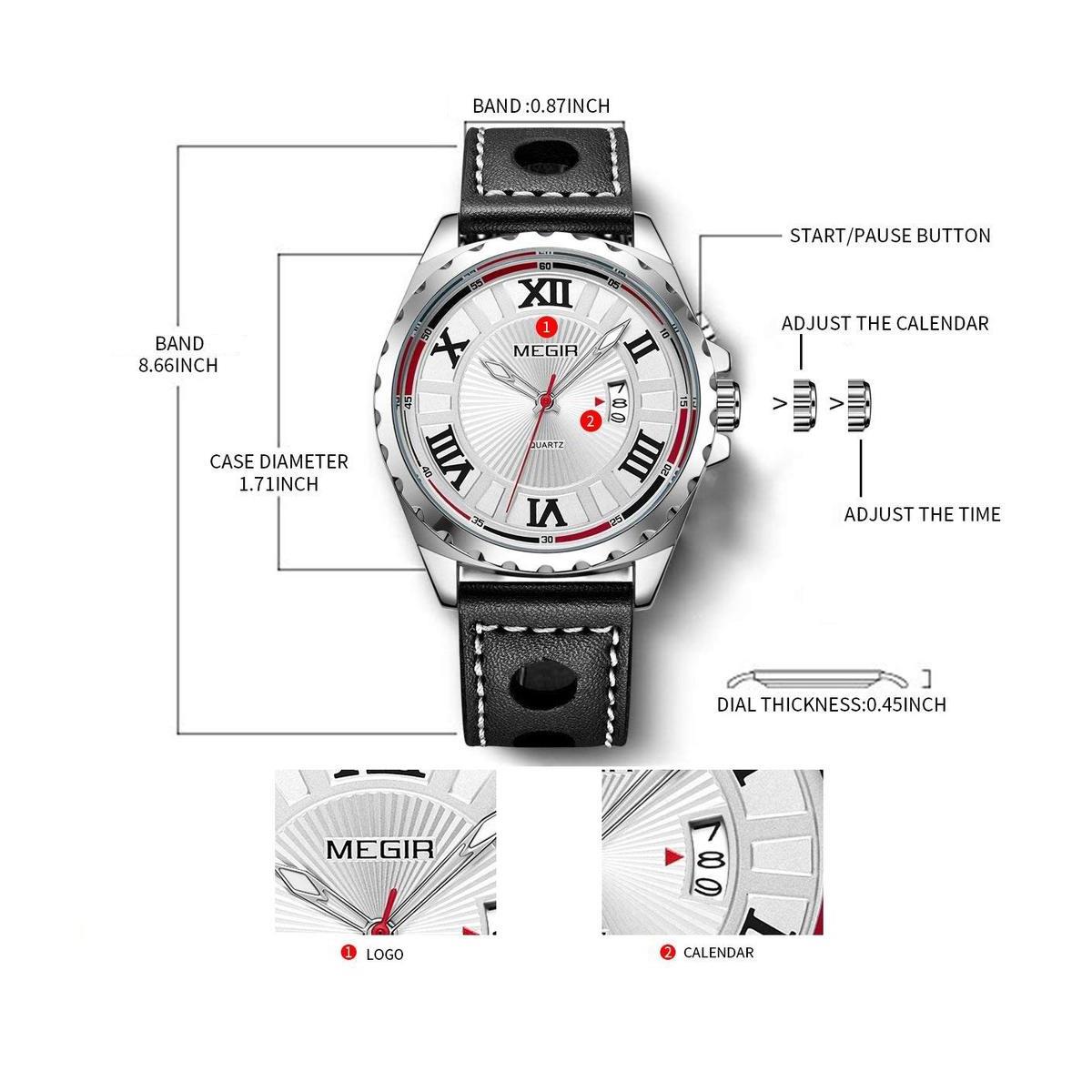 Megir Round Quartz Analogue Watch Black Silver Red Date