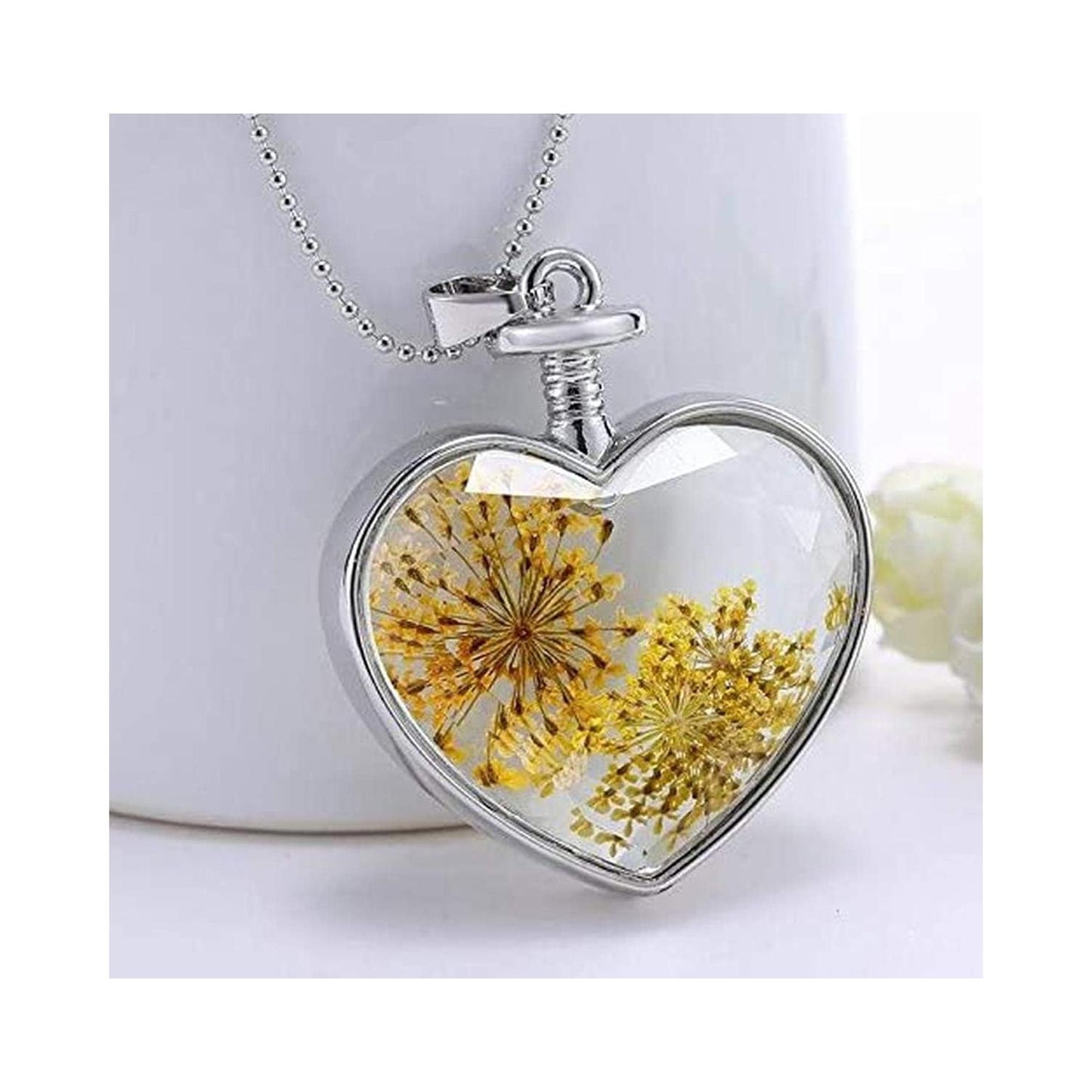 Charles William Love Heart REAL Flower Yellow Pendant on Silver Necklace