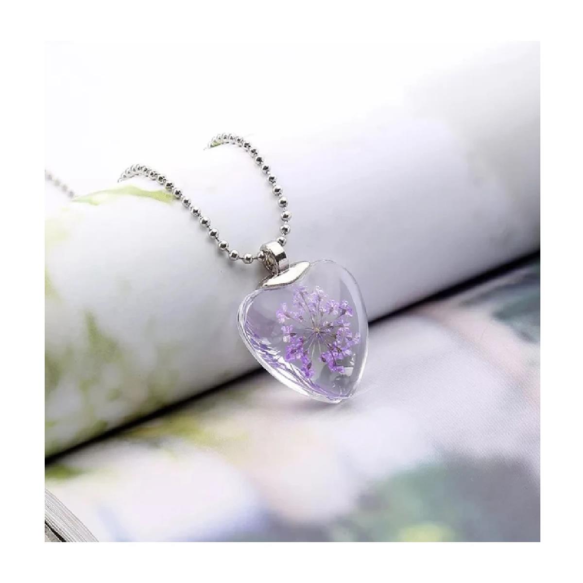 Charles William Love Heart REAL Flower Purple Pendant on Silver Necklace