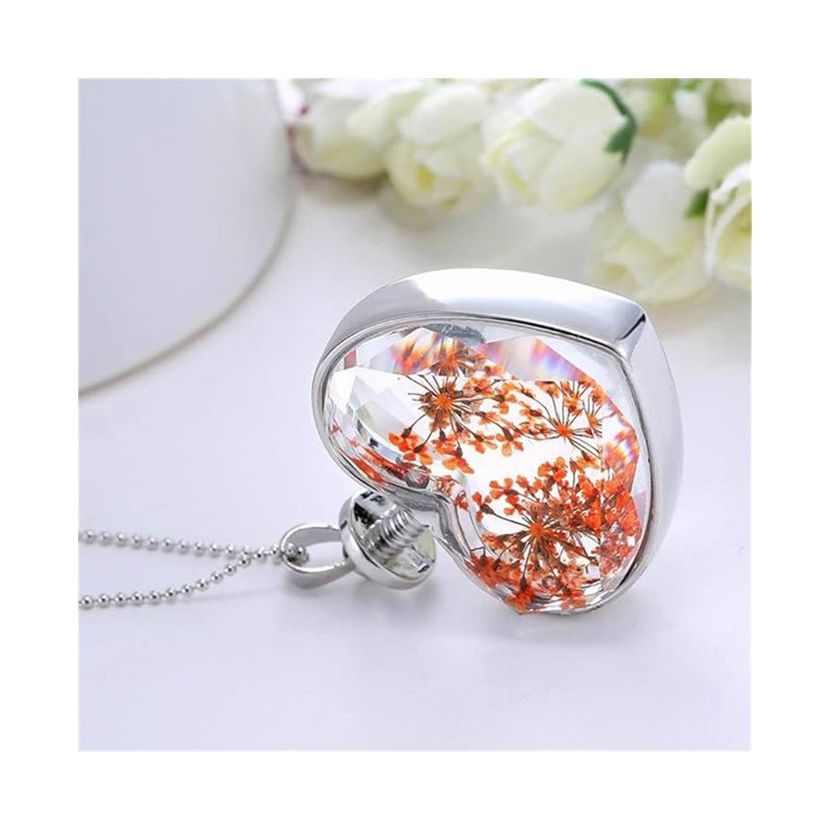 Charles William Love Heart REAL Flower Orange Saffron Pendant on Silver Necklace
