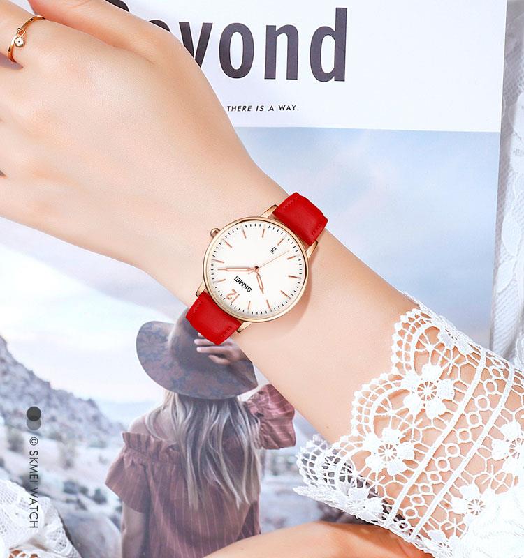Skmei Women's Ladies Watch Classic Clear Dial Date Display Genuine Leather Strap Red