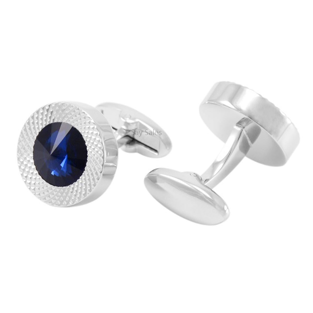 Charles William Stunning Round Silver Tone Cufflinks With Blue Stone Formal Wedding Business Button