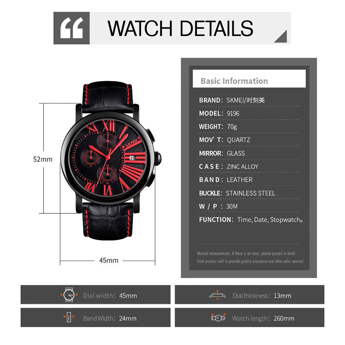 Skmei Mens Black Red Watch Chronograph Genuine Leather Strap Date Display SK9196RED