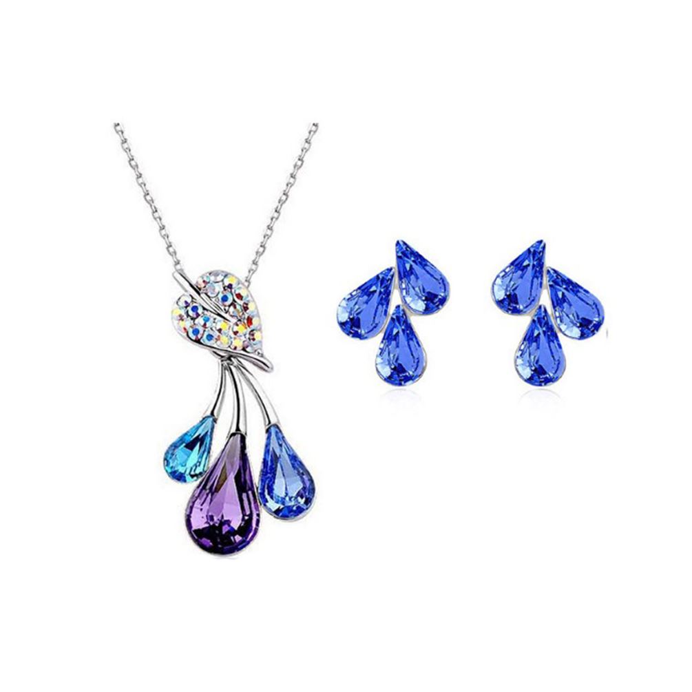 Rainbow Women's Jewellery Set Flower Leaf Waterdrop Pendant Necklace & Earrings UK BG1486