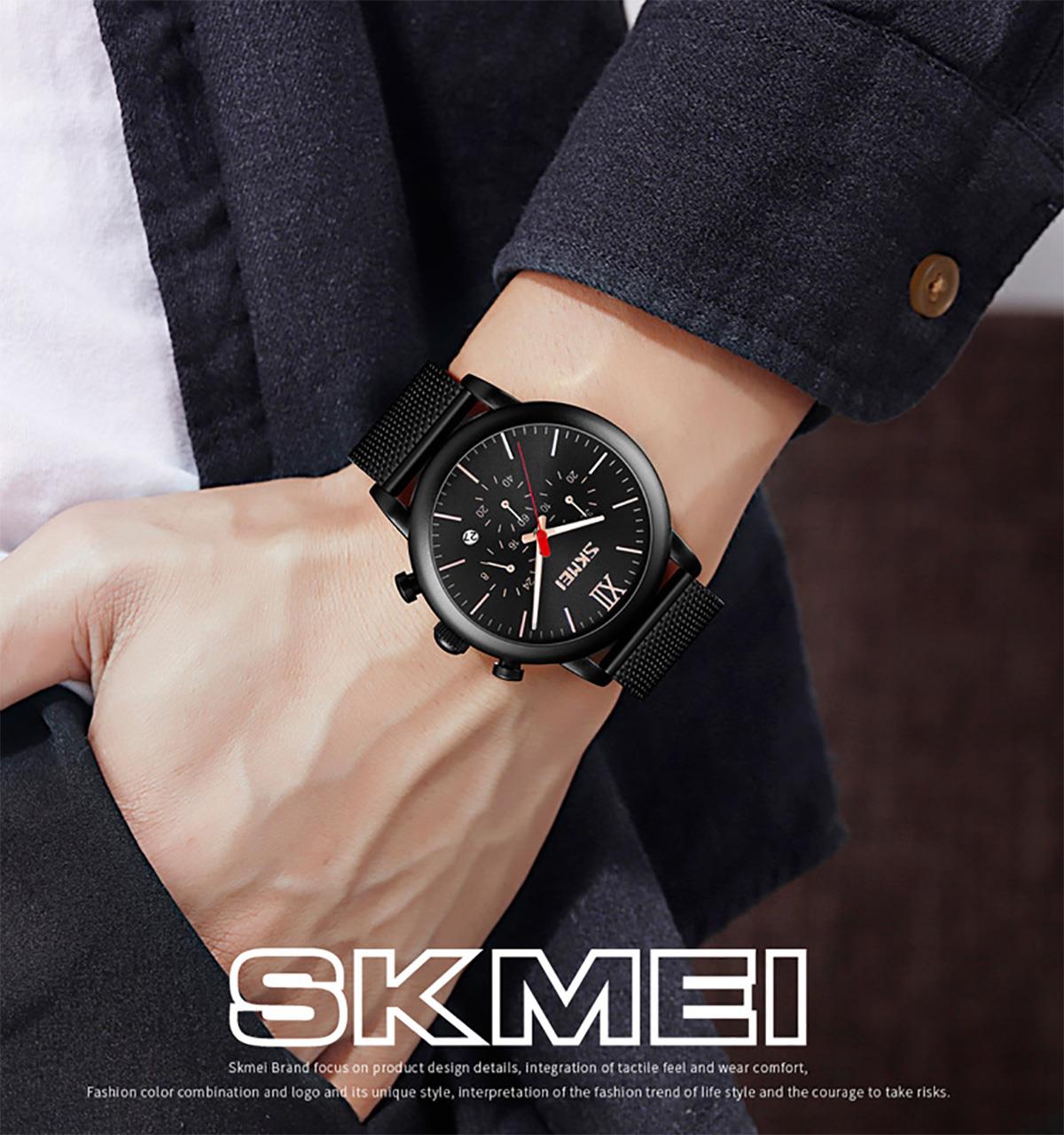 Skmei Mens Black Chronograph Quartz Watch Mesh Metal Strap Date Display SK9023