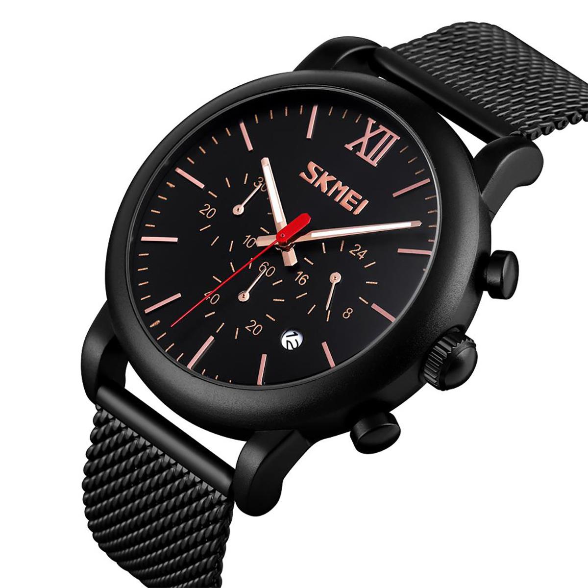 Skmei Mens Black Chronograph Quartz Watch Mesh Metal Strap Date Display SK9023