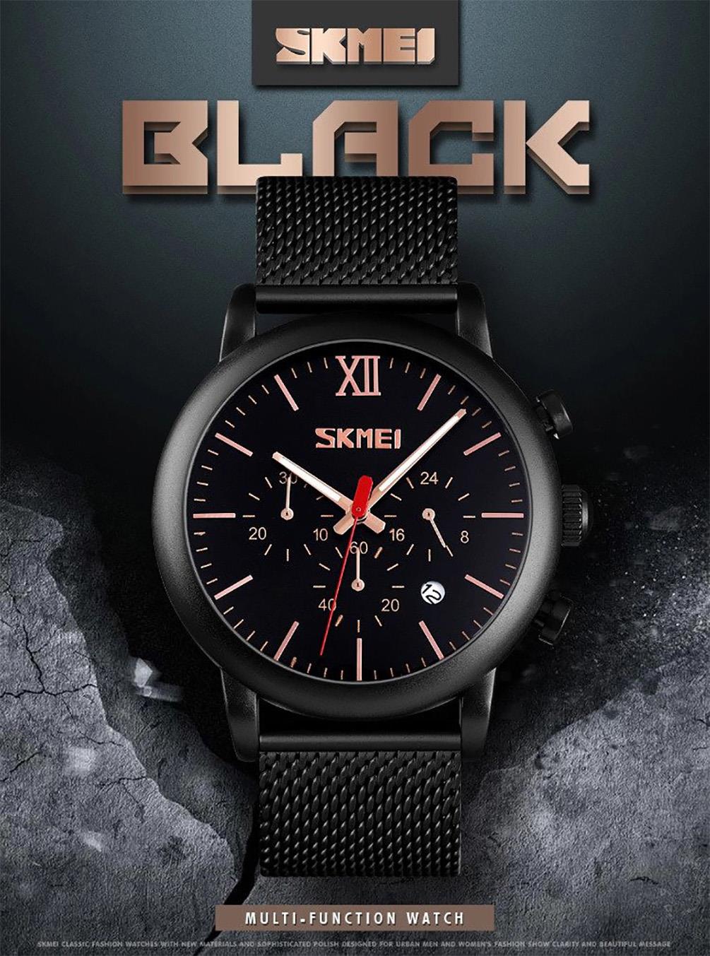 Skmei Mens Black Chronograph Quartz Watch Mesh Metal Strap Date Display SK9023