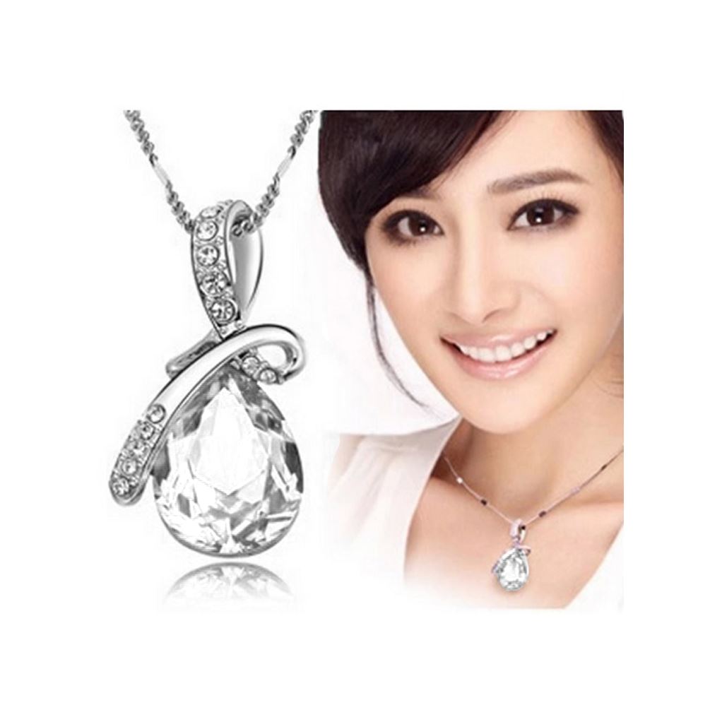 Charles William Clear Teardrop Women's Necklace Crystal Stones Ribbon Design Jewellery UK Seller