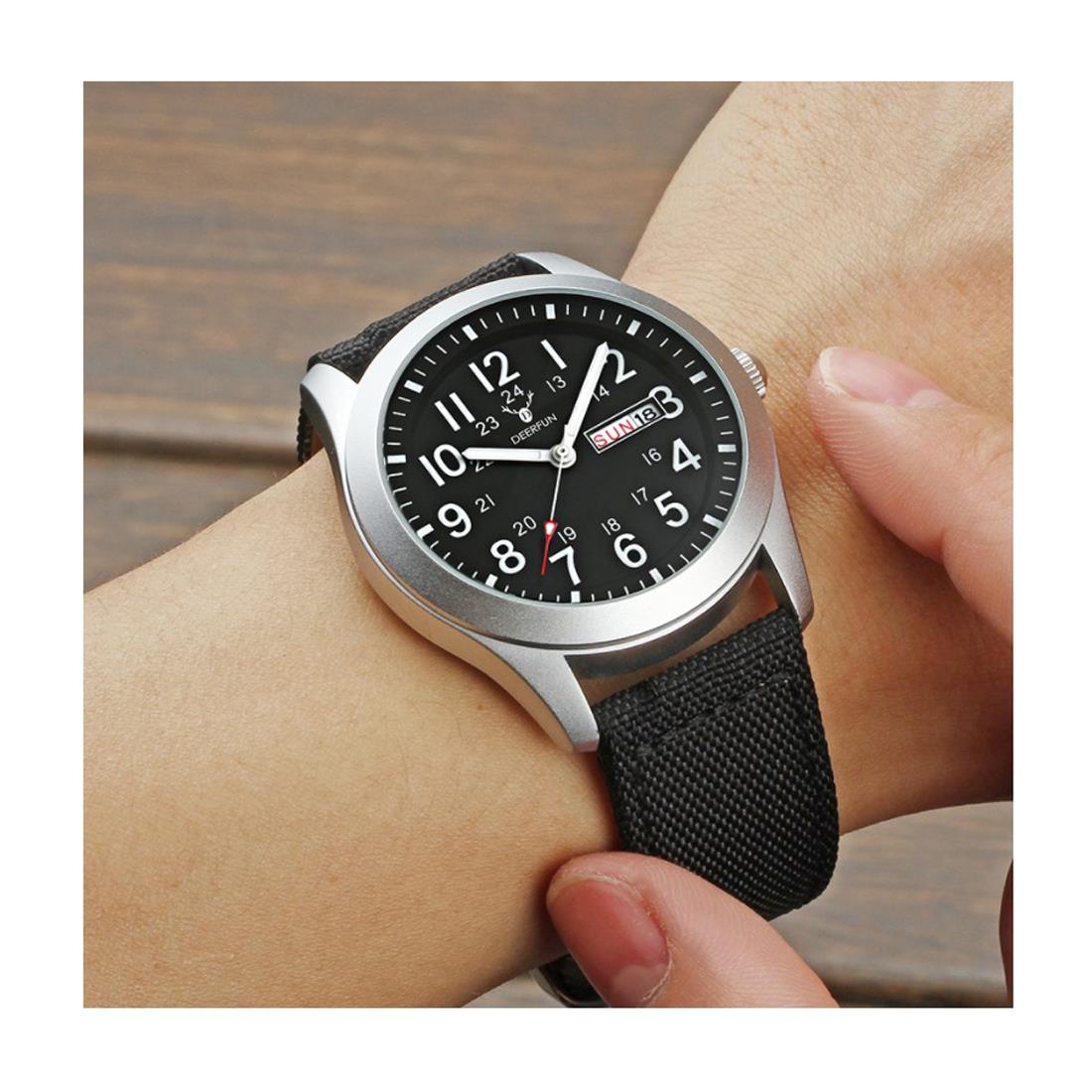 Deerfun Mens Watch Black Silver Comfortable Material Strap With Day And Date Display