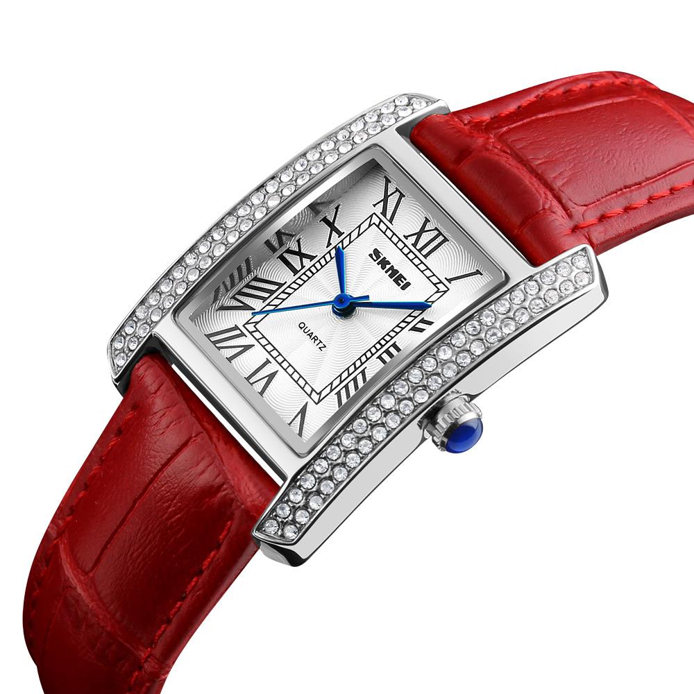 Skmei Women's Ladies Watch Classic Roman Genuine Leather Crystal Stones Red Silver