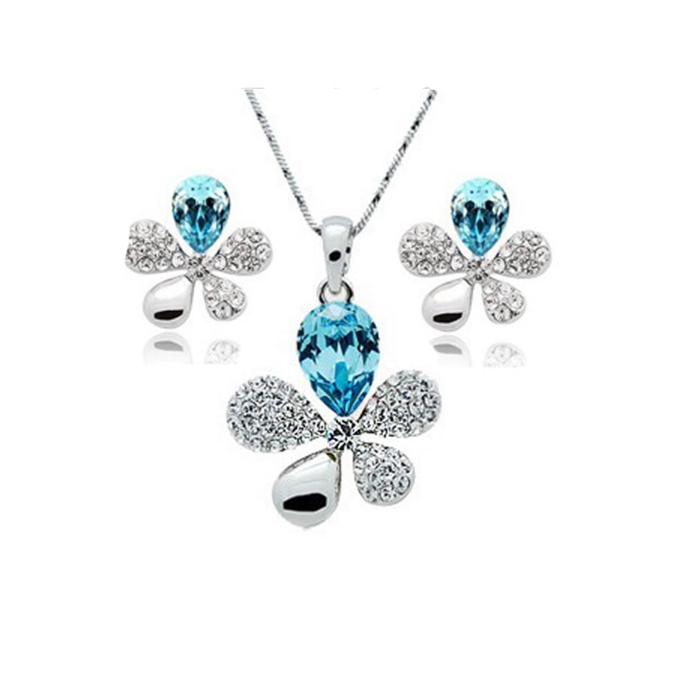 Sky Blue Crystal Stones Flower Petal Leaf Earrings & Necklace Set Gift Present UK Seller