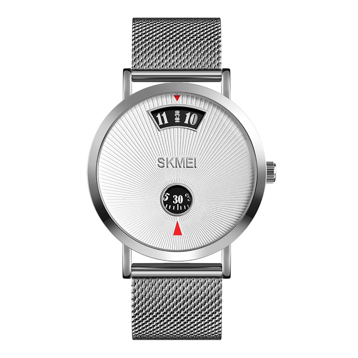 Skmei Mens Silver Something Different Dial Turn Watch Metal Mesh Strap Collector SK1489