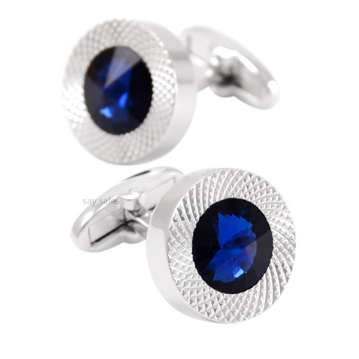 Charles William Stunning Round Silver Tone Cufflinks With Blue Stone Formal Wedding Business Button