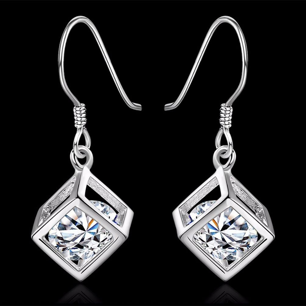 Women's Girl's Silver Cube Earrings With Crystal Stone Unique Gift Stocking Filler UK