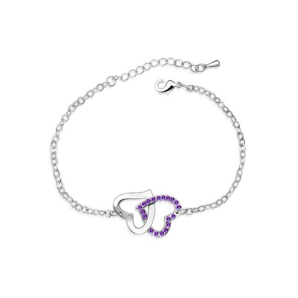 Women's Double Heart Intertwined Love Bracelet Purple Crystal Stones UK Seller