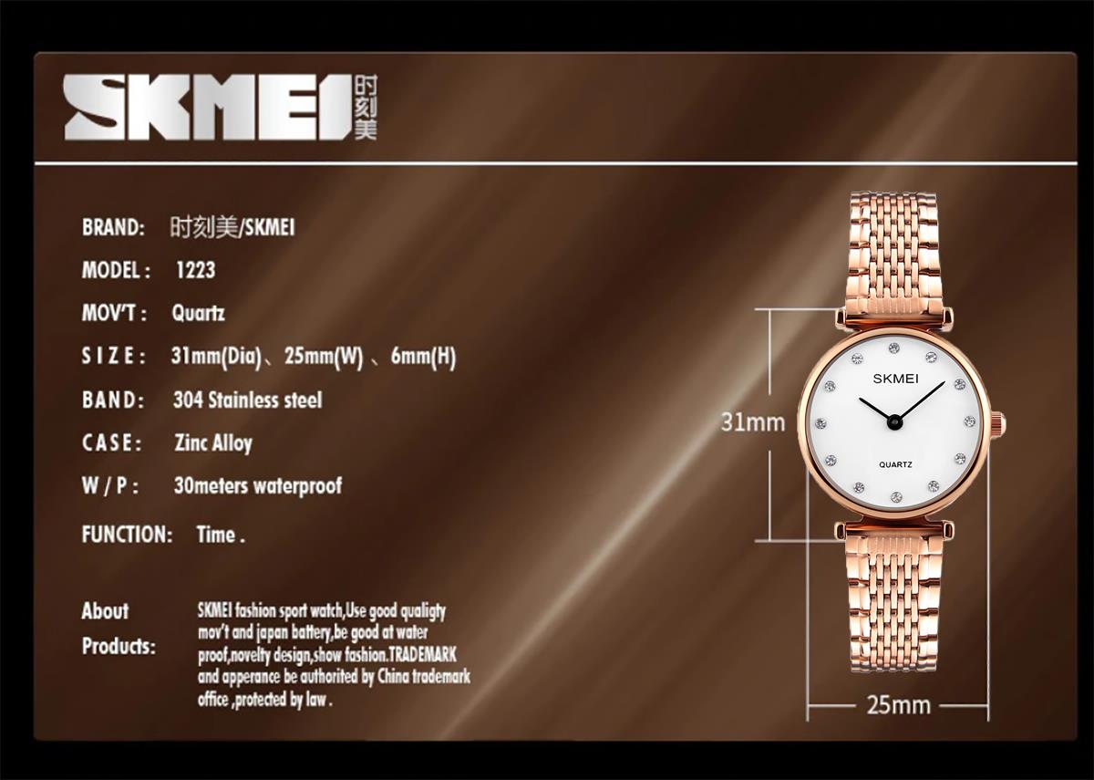 Skmei Women's Ladies Watch Rose Gold White Intricate Link Strap Crystal Stones SK1223