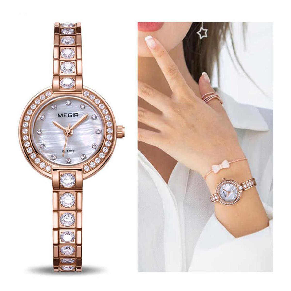 Megir Ladies Round Quartz Analogue Luxury Watch Rose Gold Smart Watches Leather