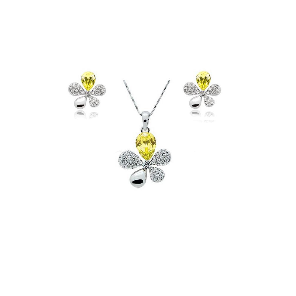 Yellow Crystal Stones Flower Petal Leaf Earrings & Necklace Set Gift Present UK Seller
