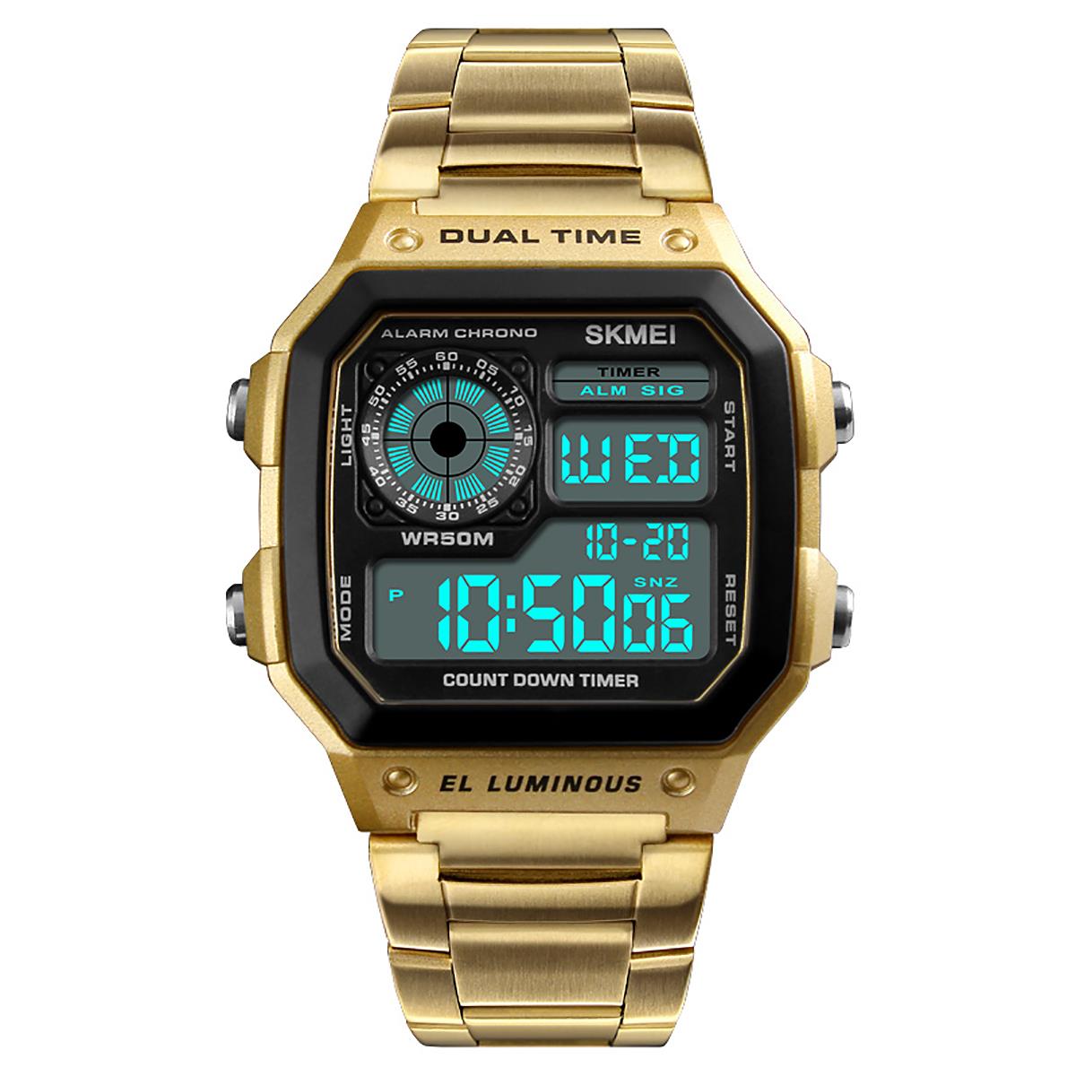 Skmei Gold Smart Mens Digital Watch Clear Display Stainless Steel Strap Date Alarm Stopwatch DG1335G