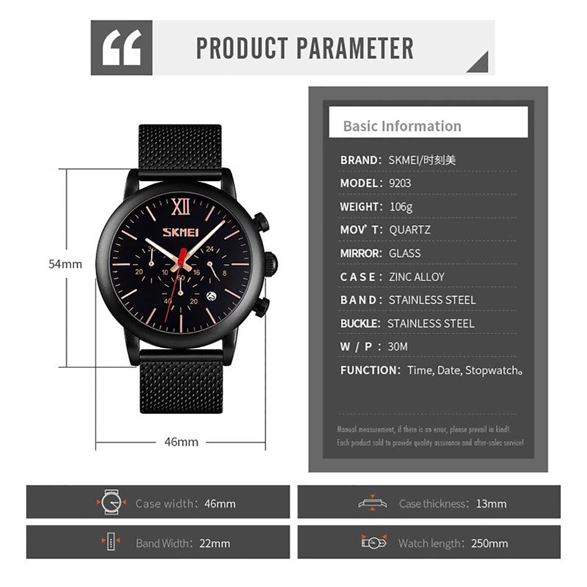 Skmei Mens Black Chronograph Quartz Watch Mesh Metal Strap Date Display SK9023