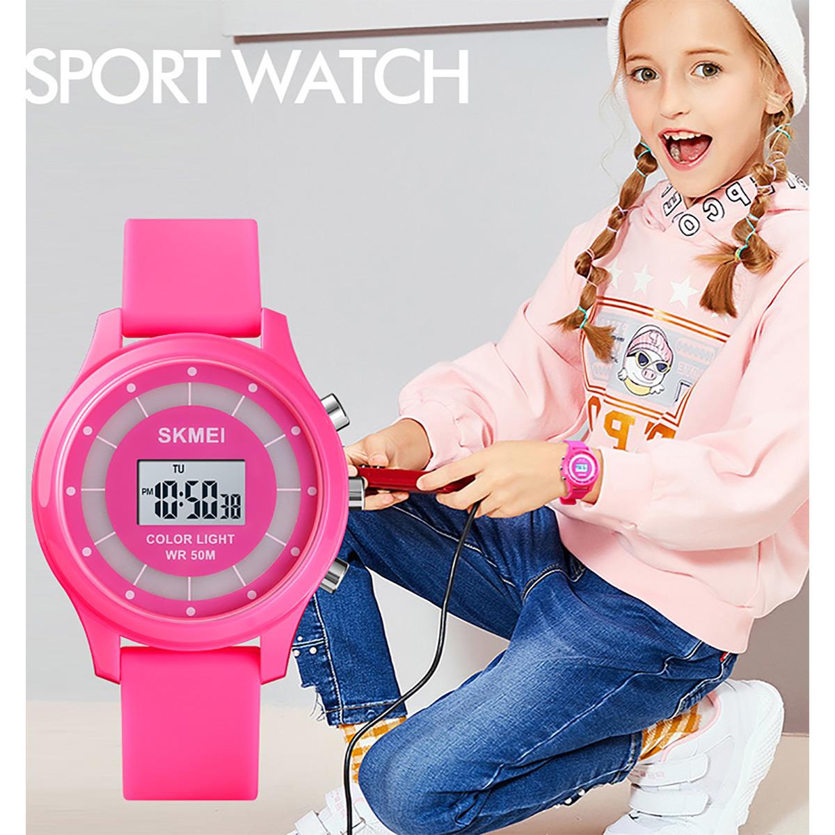 Childrens Pink Digital Watch with Date and Flashing Lights - Fun Design