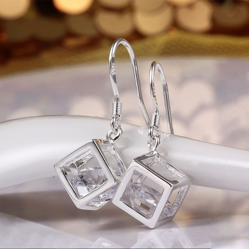 Women's Gold Cube Earrings With Crystal Stone Unique Gift Stocking Filler UK Sale