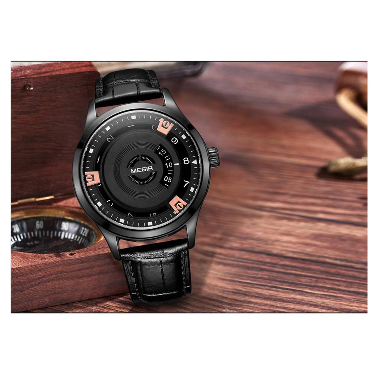 Megir Mens Round Quartz Analogue Watch Black Rose Gold Smart Watches Leather