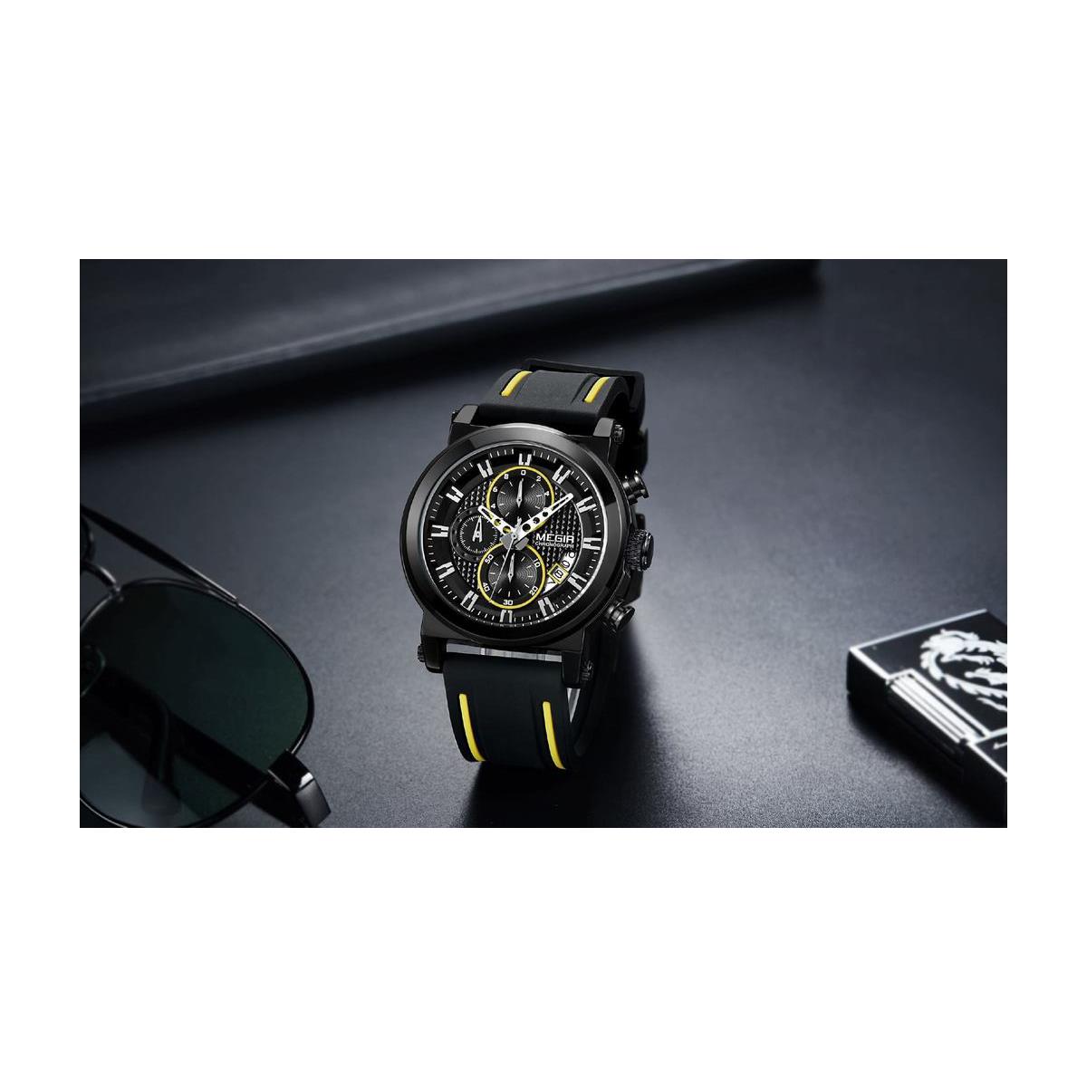 Megir Mens Round Quartz Analogue Luxury Watch Black Yellow Watches Rubber Strap UK