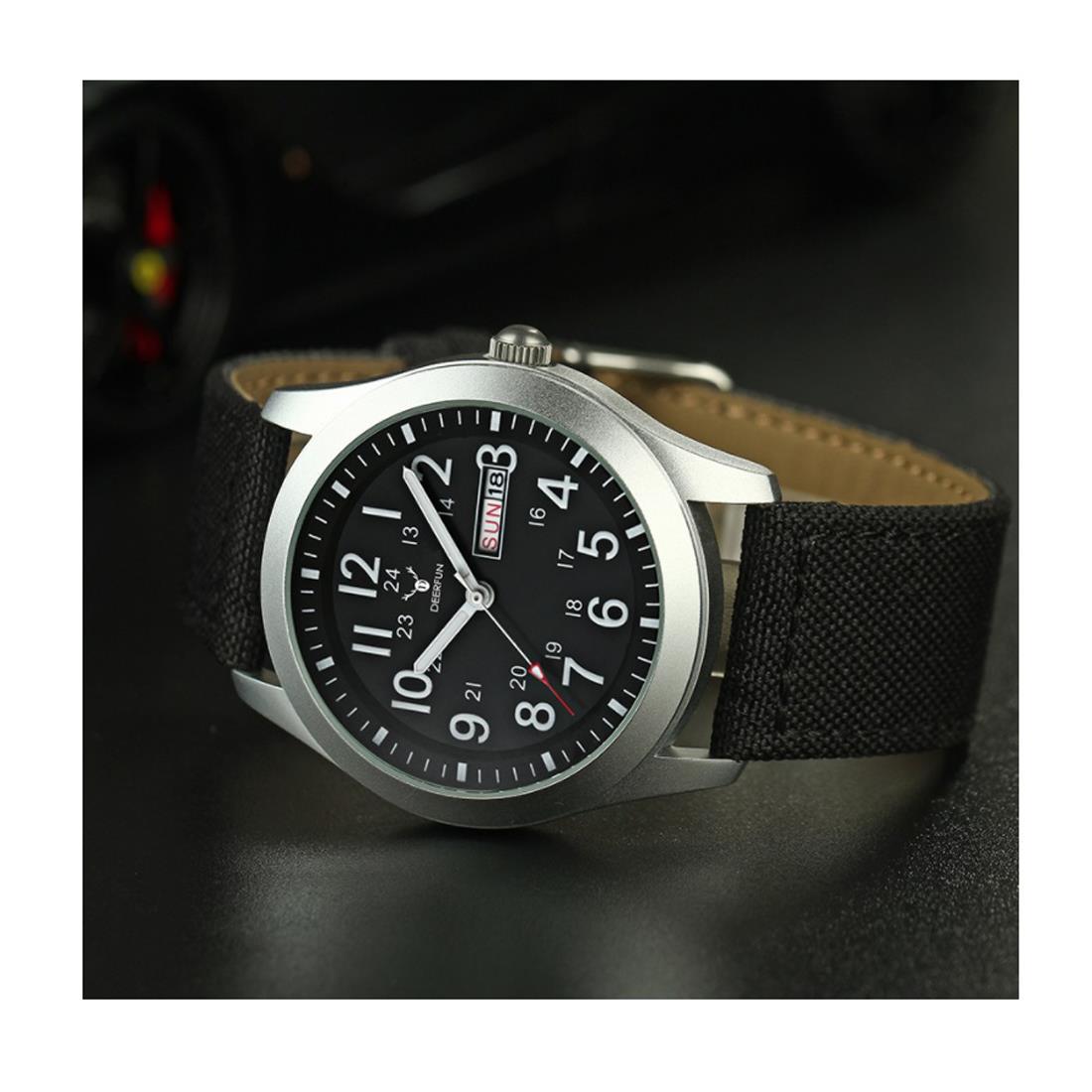 Deerfun Mens Watch Black Silver Comfortable Material Strap With Day And Date Display