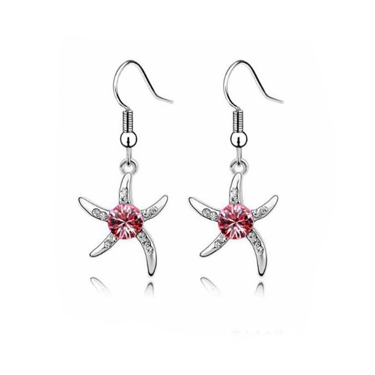 Women's Silver Starfish Necklace & Earrings Set Pink Crystal Stone Gift Stocking UK