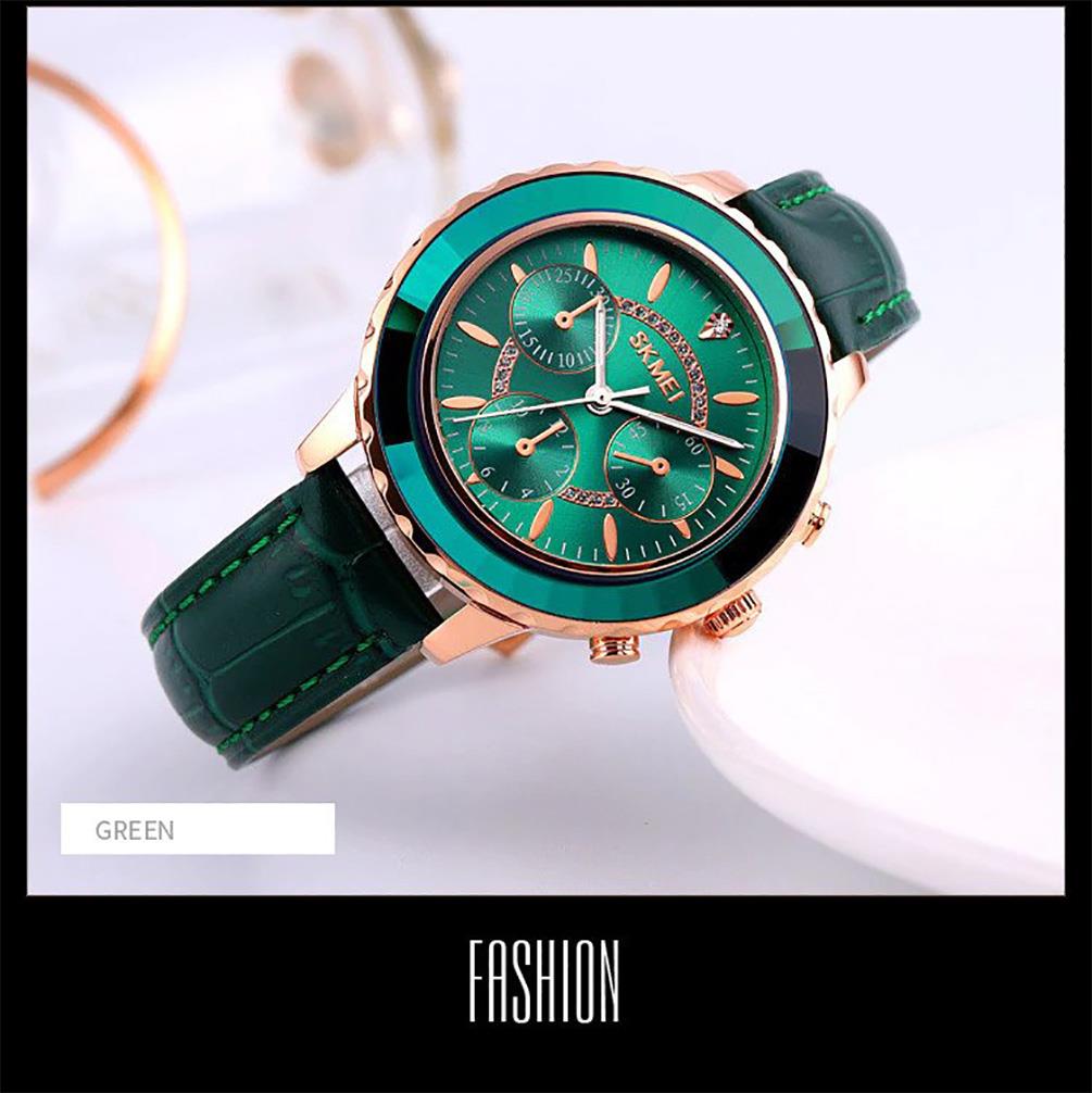 Skmei Women's Ladies Watch Classic Clear Dial Crystal Stones Leather Strap Green