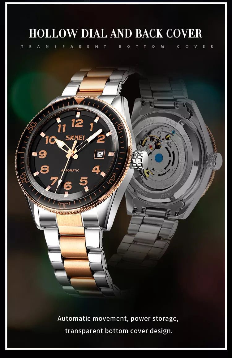 Skmei Mens Automatic Watch Black Two Tone Sweep Seconds Luminous Date Display