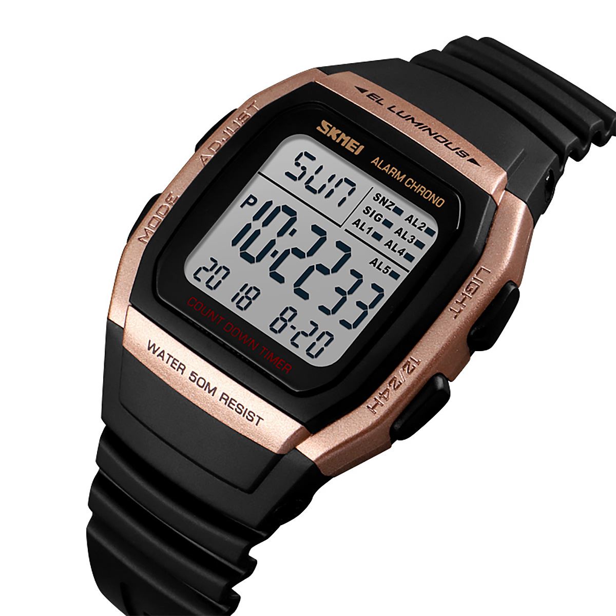 Skmei Mens Digital Clear Display Watch 5 Alarms Stopwatch Countdown Rose Gold