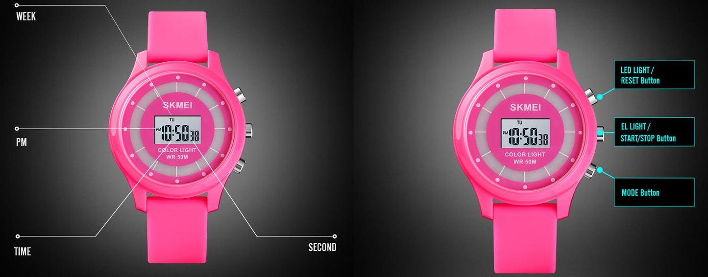 Childrens Pink Digital Watch with Date and Flashing Lights - Fun Design