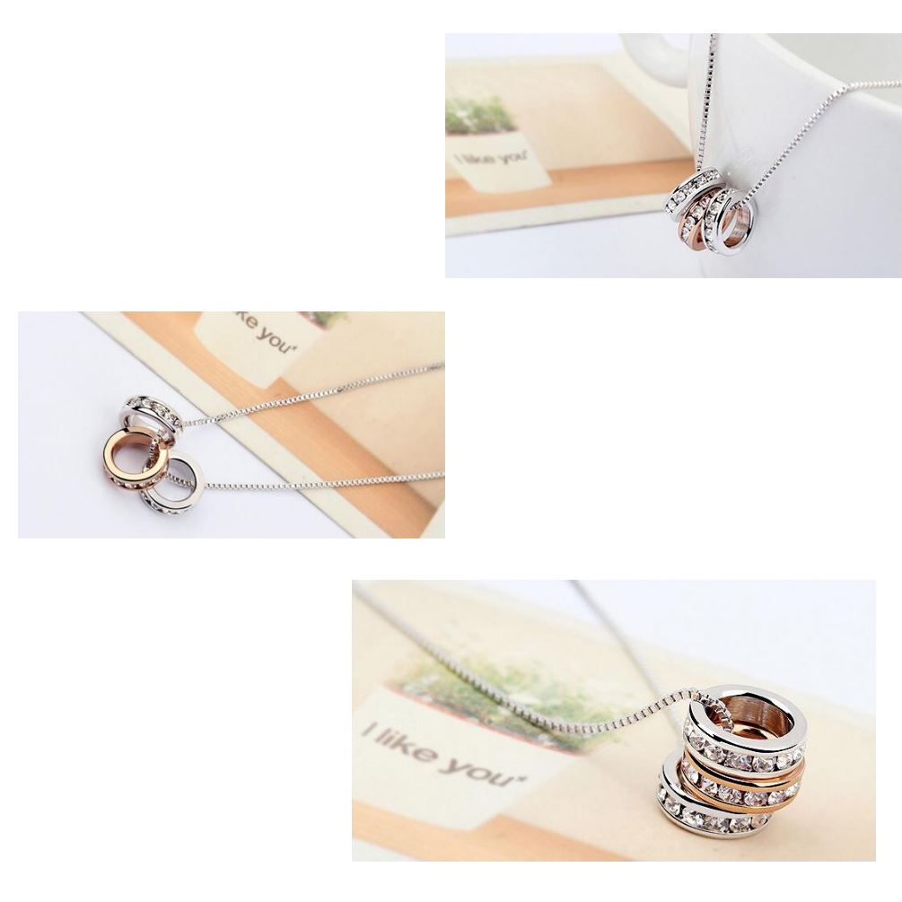 Beautiful Crystal Stone Women's Triple Ring Circle Two Tone Pendant Necklace Rose Gold And Silver UK Seller