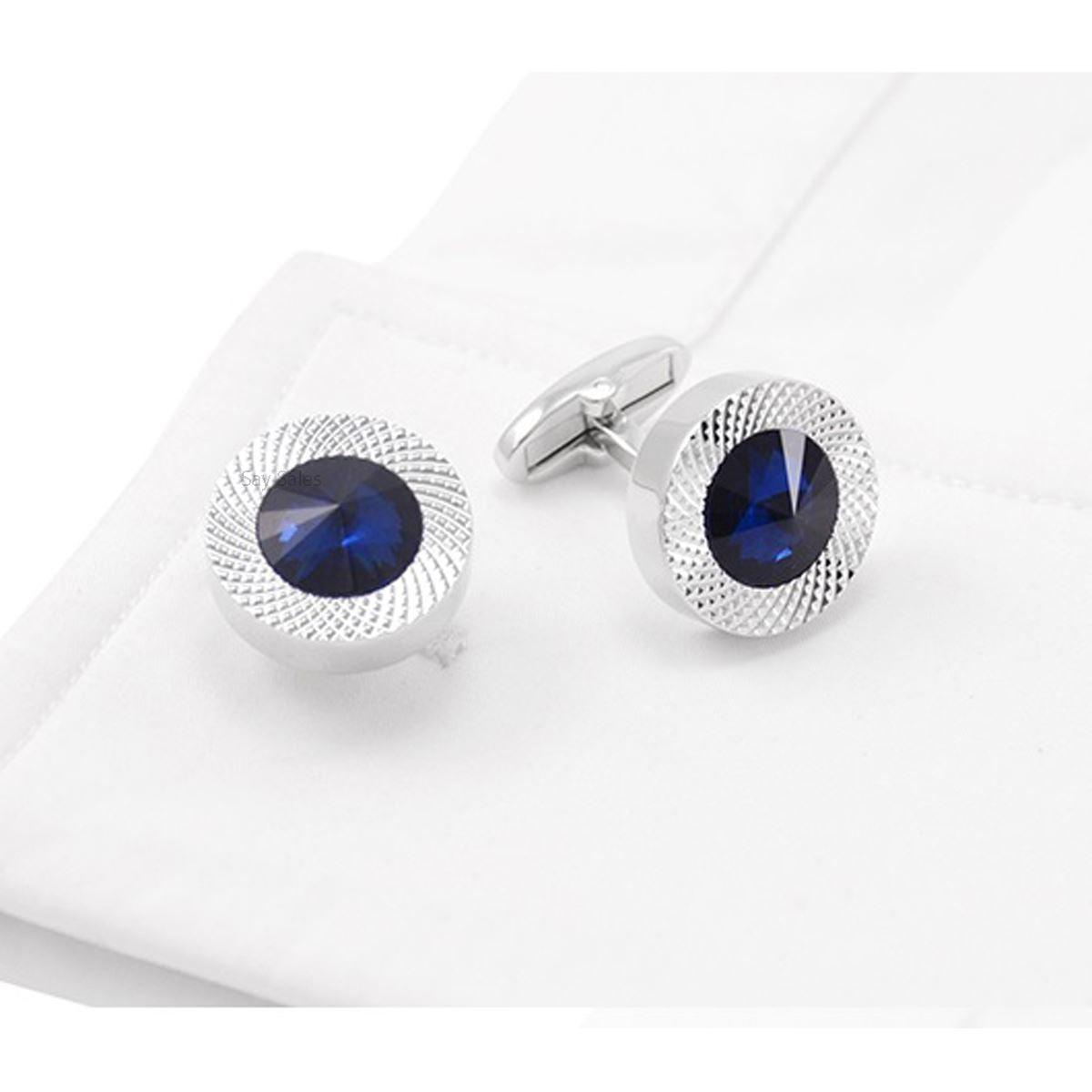 Charles William Stunning Round Silver Tone Cufflinks With Blue Stone Formal Wedding Business Button