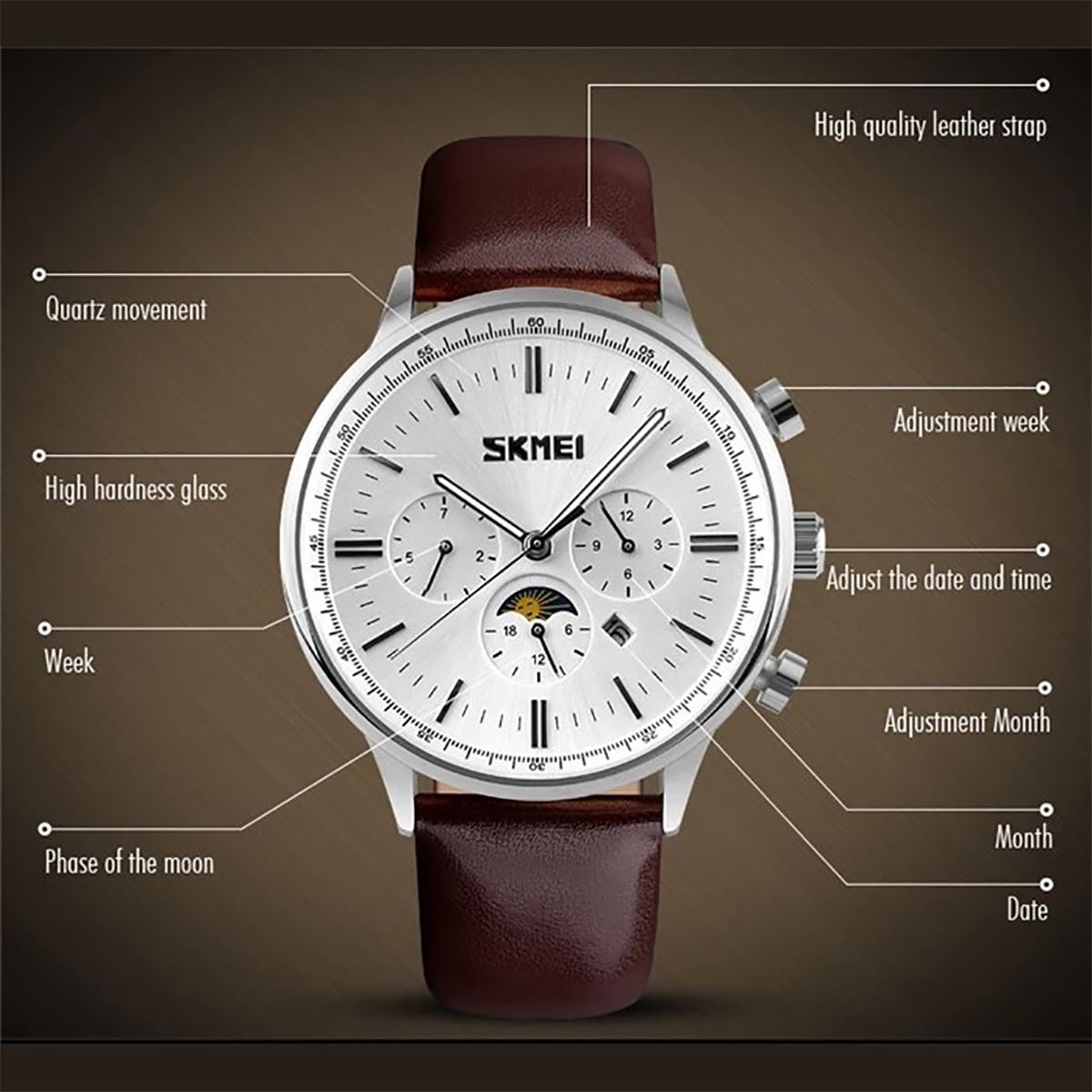 Skmei Beautiful Quartz Mens Watch Multi Dial Sun Moon Dial Brown Leather Strap 9117S