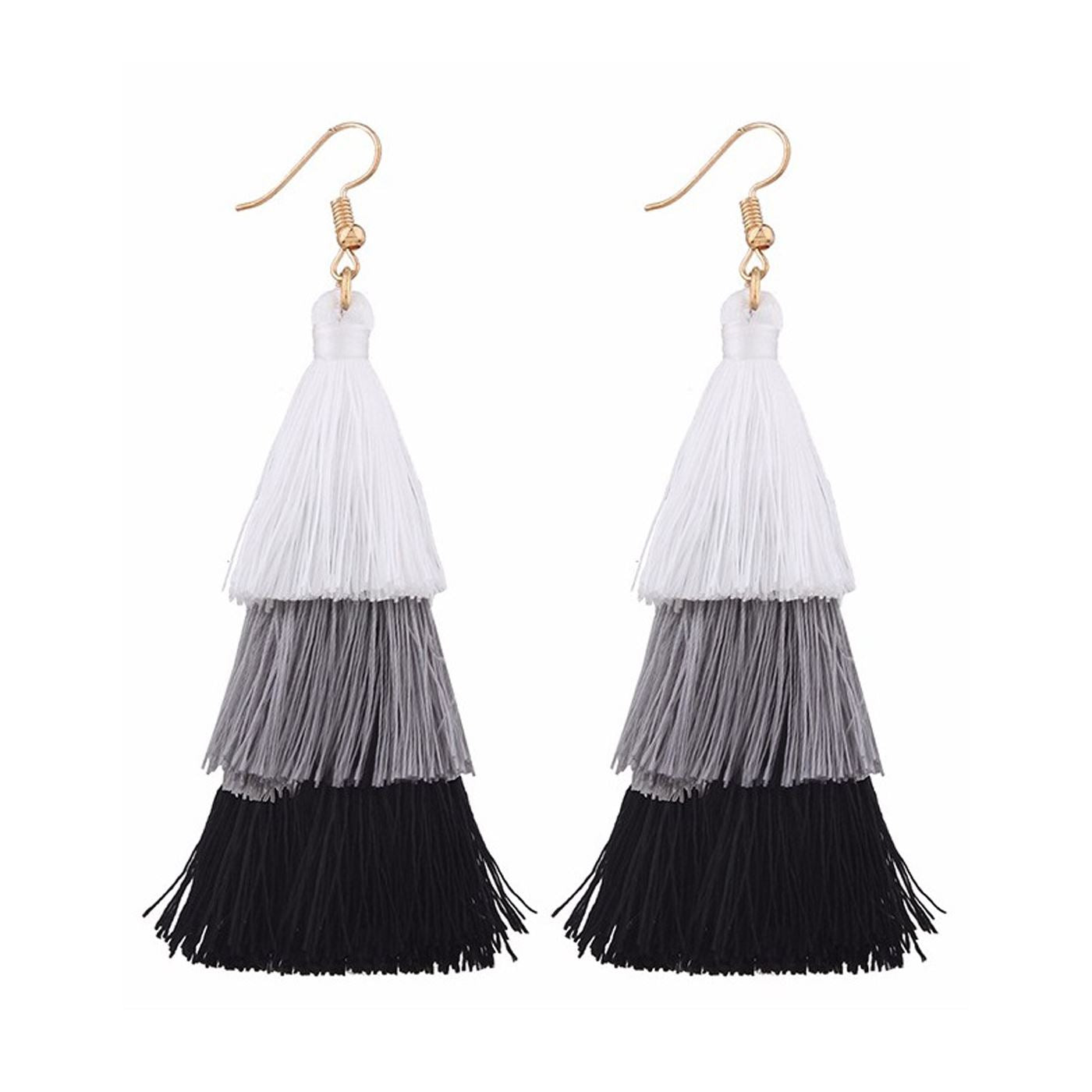 Layered Black White Tassle Tassel Earrings Dress Present Gift Ladies Girls Woman
