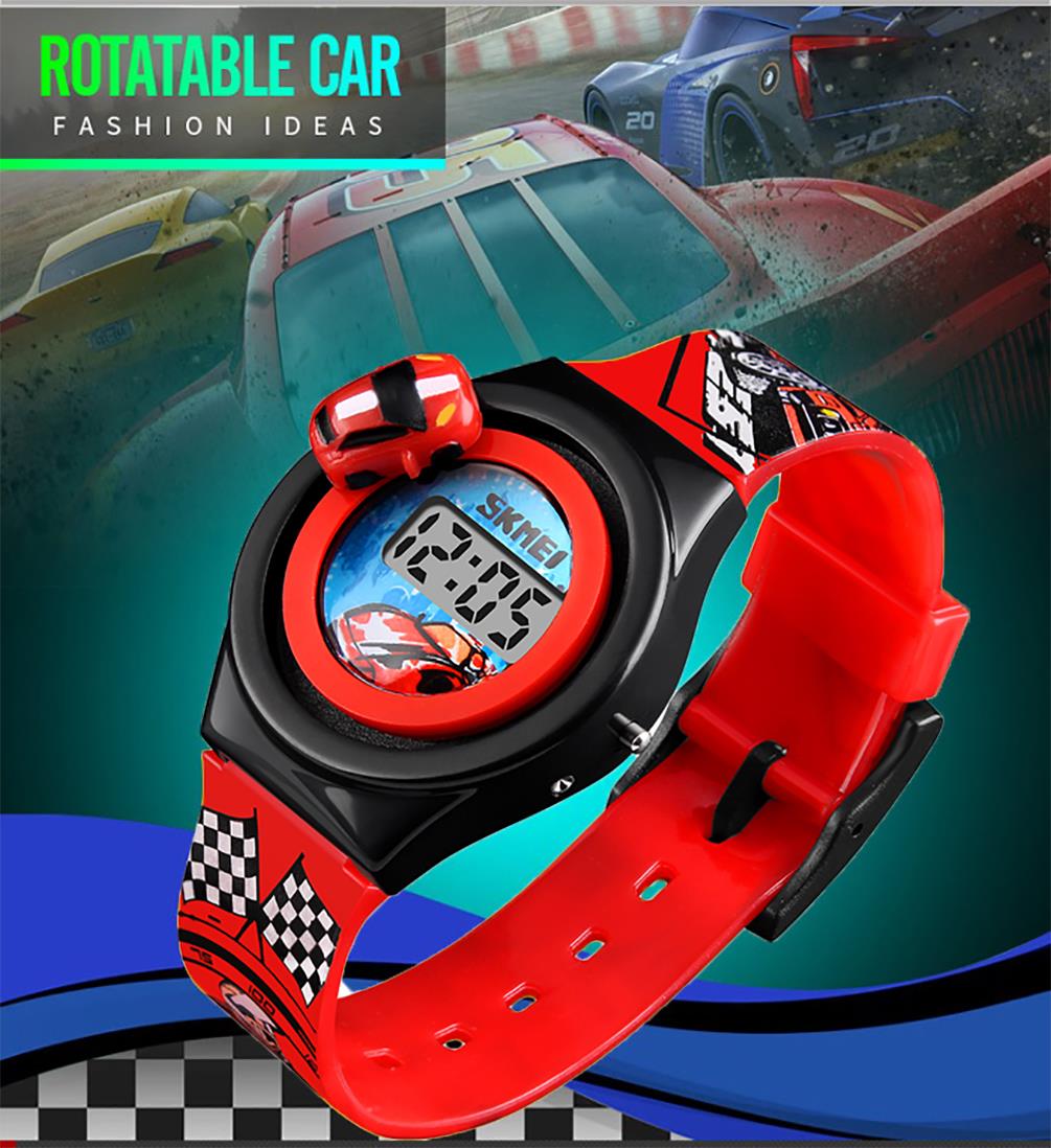 Skmei Childrens Kids Digital Watch Girls Boys Basic Simple Time And Date Revolving Car Red