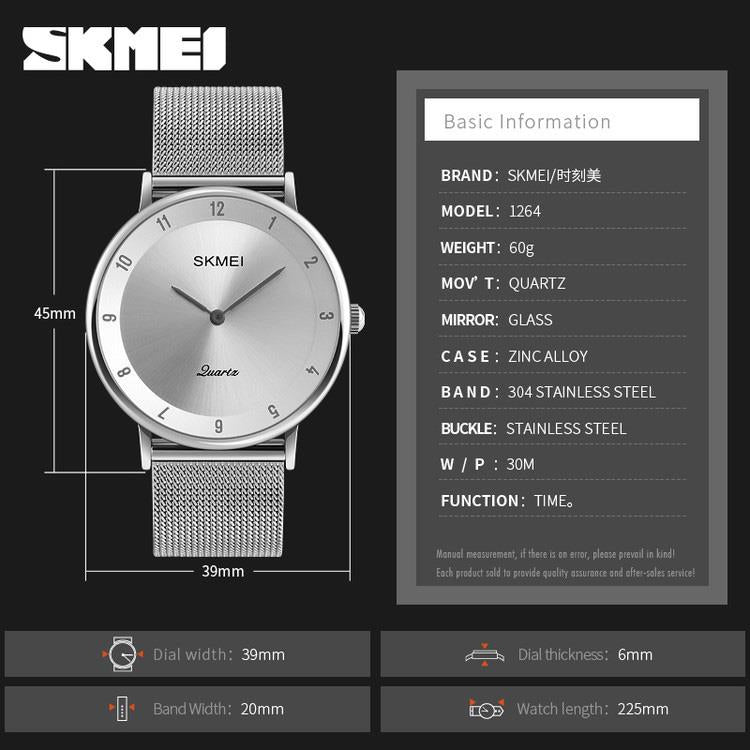 Skmei Mens Watch Classic Silver Dial Ultra Thin Stainless Steel Mesh Strap Silver Black