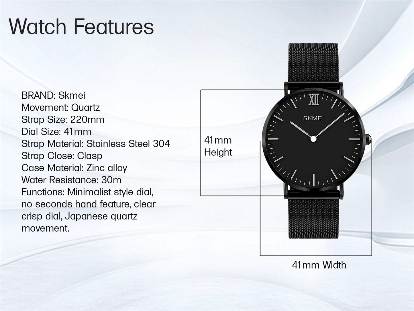 Skmei Black Mens Quartz Watch Clear Large Dial Mesh Strap With Clasp 1181B UK