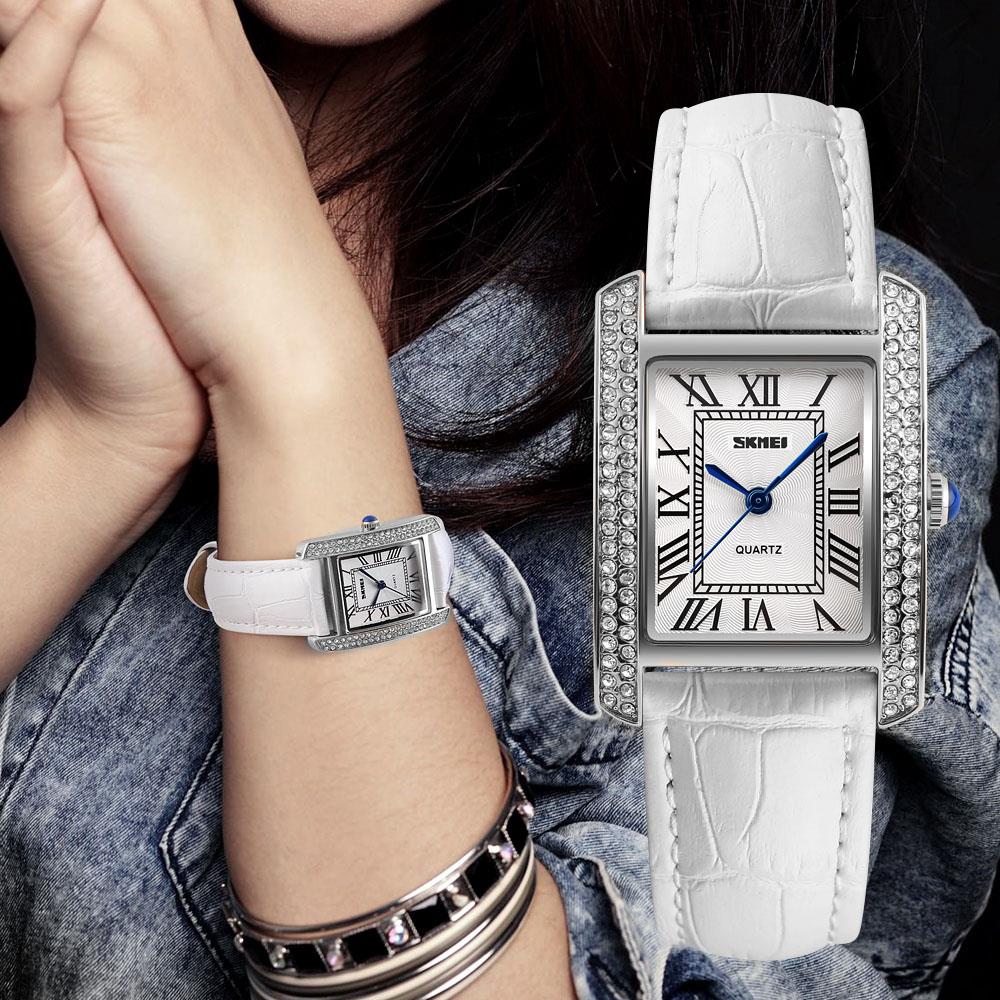 Skmei Women's Ladies Watch Classic Roman Genuine Leather Crystal Stones White Silver