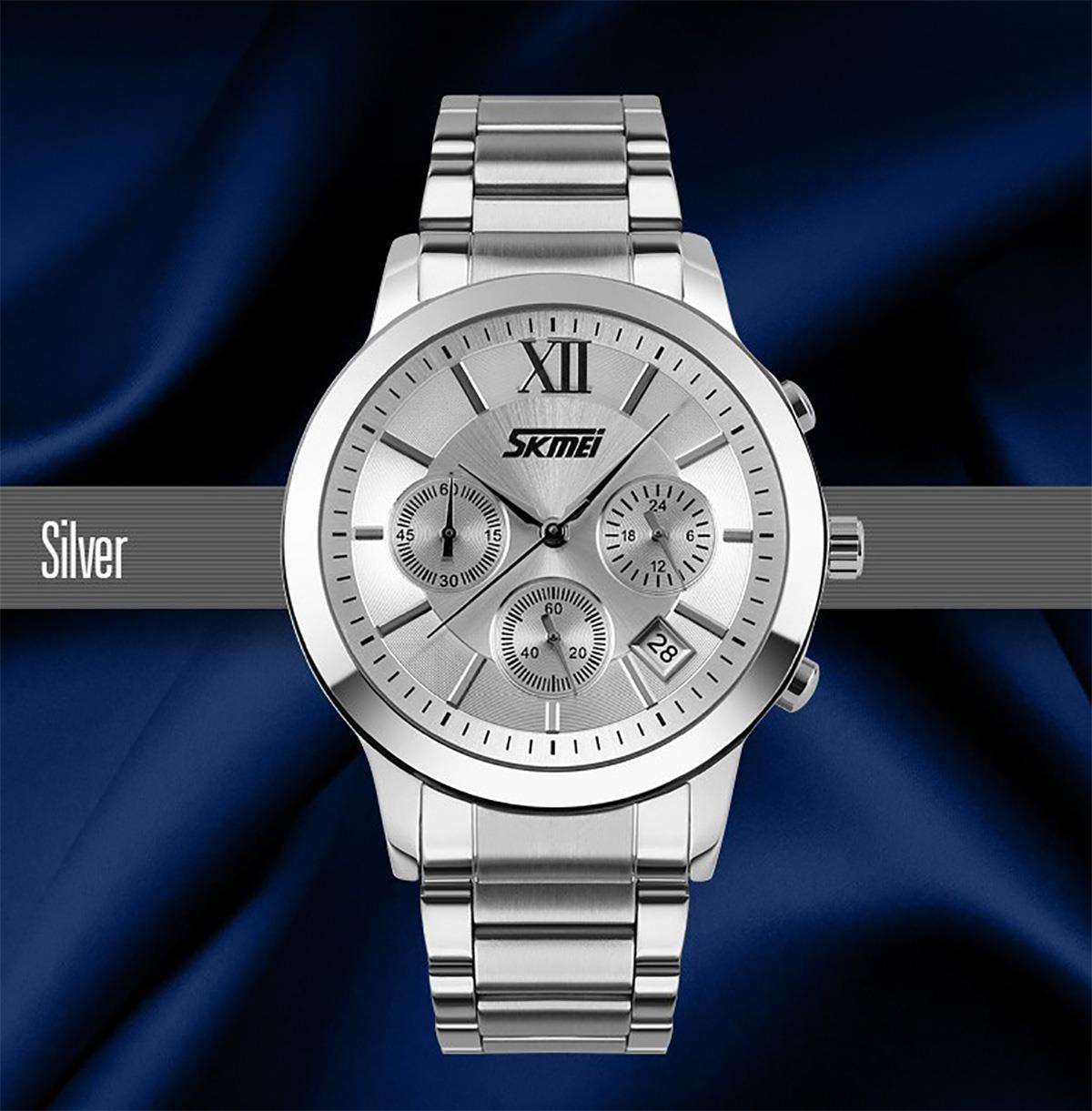 SKMEI Mens Silver Chronograph Watch Multi Dial Date Display Stainless Steel Strap 9097S
