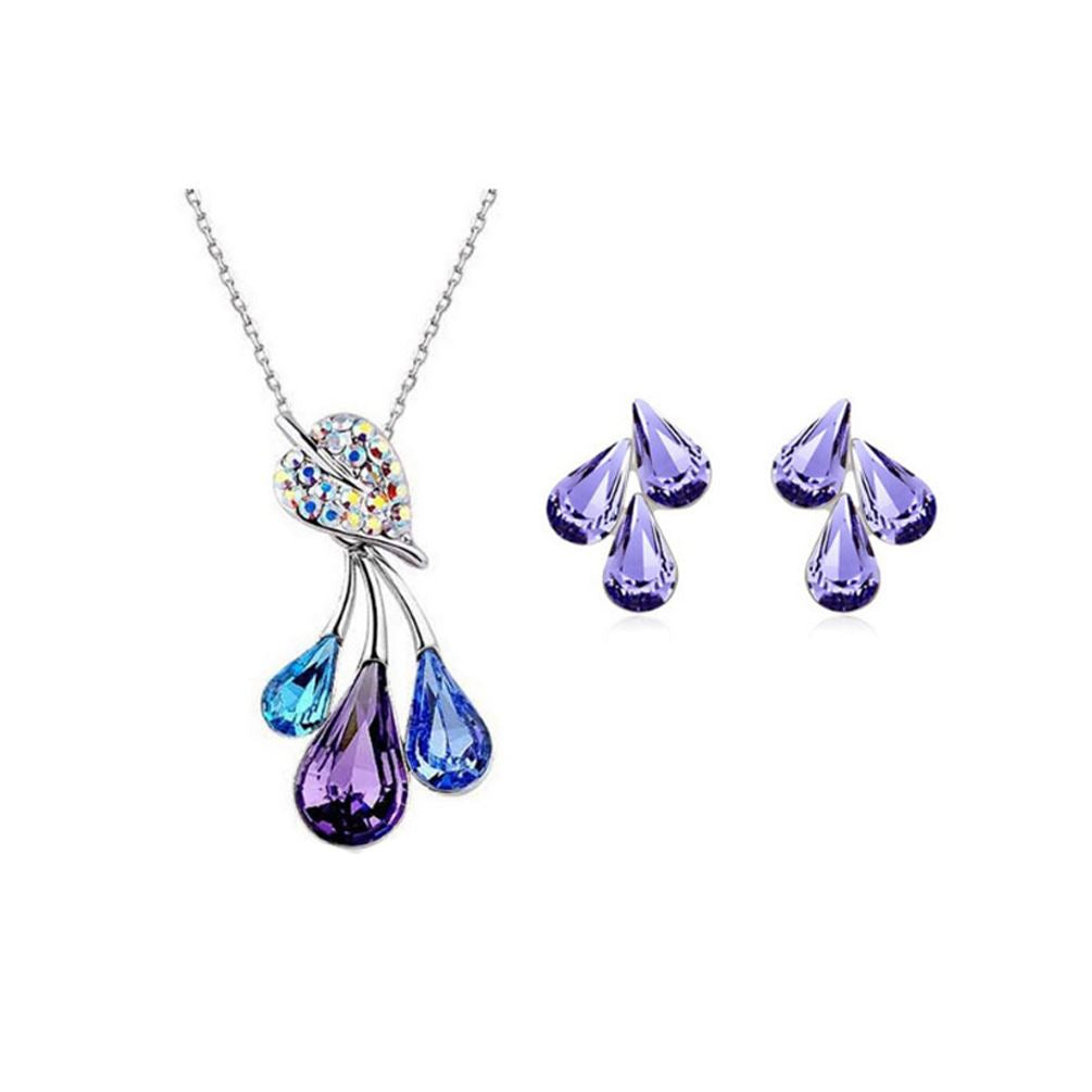 Rainbow Women's Jewellery Set Flower Leaf Waterdrop Pendant Necklace & Earrings UK BG1488