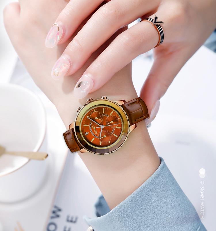 Skmei Women's Ladies Watch Classic Clear Dial Crystal Stones Leather Strap Brown